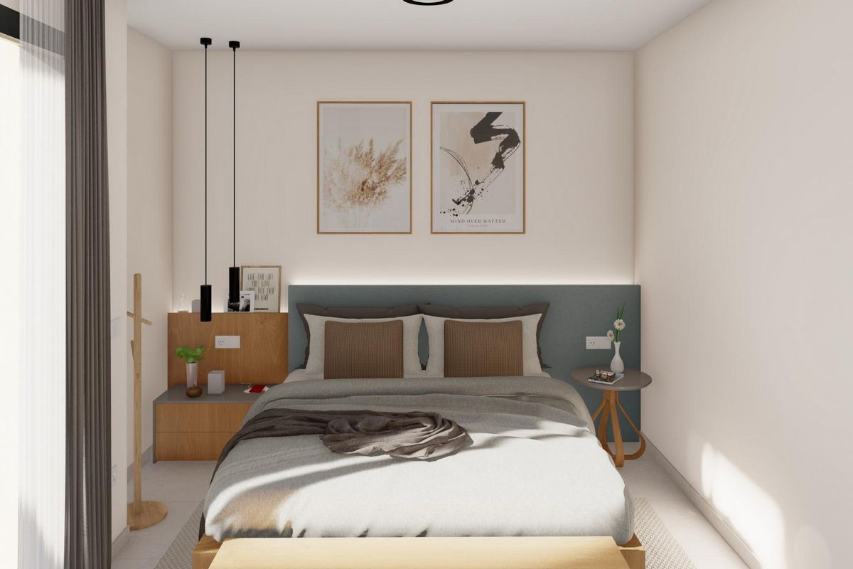 Elegante slaapkamer met zachte verlichting en moderne decoratie in een villa in Baños y Mendigo.