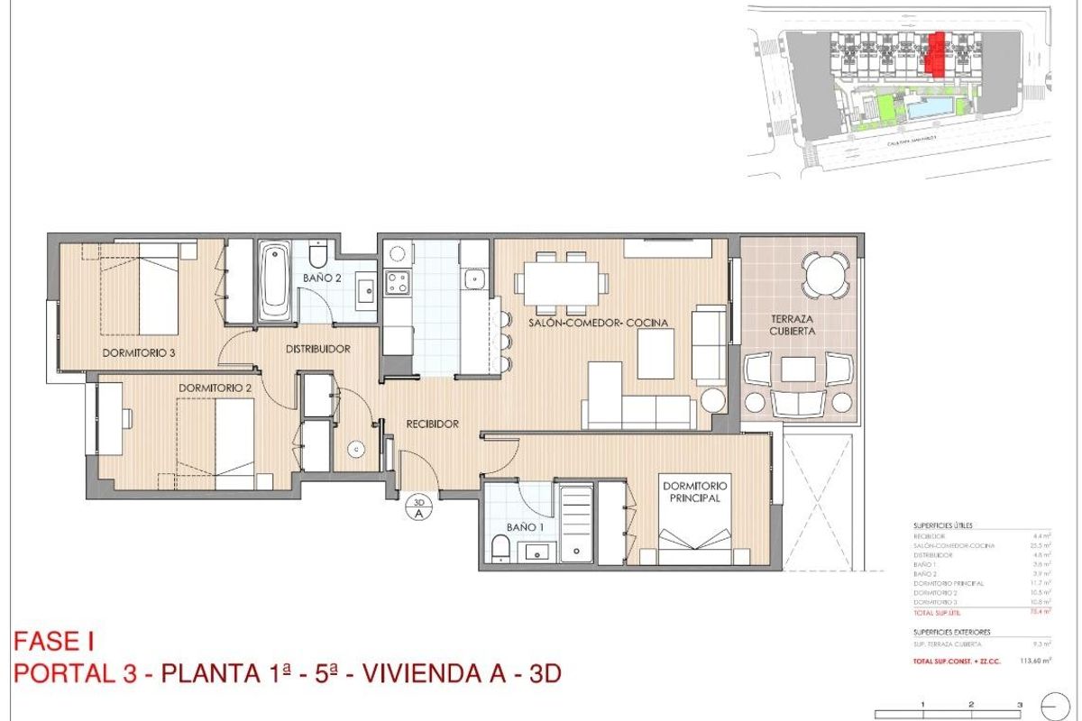 Plattegrond van een 3-slaapkamer appartement in Aguilas, Spanje, met indeling en kamers.