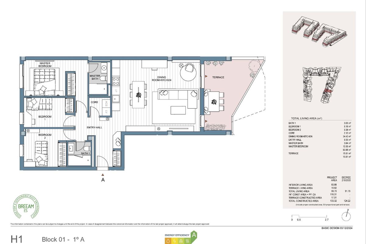 Plattegrond van een 3-slaapkamer appartement in Mijas, Costa del Sol, met details van kamers.