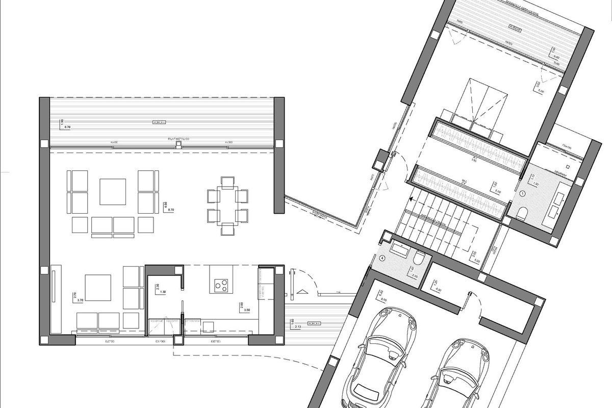 Vloerplan dat de moderne indeling van een 3-slaapkamer villa met garage in Benitachell, Costa Blanca Noord laat zien.