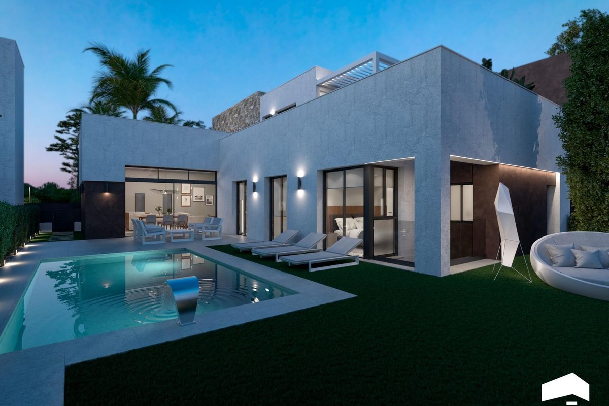 Schemerige foto van een eigentijdse villa met 3 slaapkamers in Torre Pacheco, met zwembad en buitenzitplaatsen.