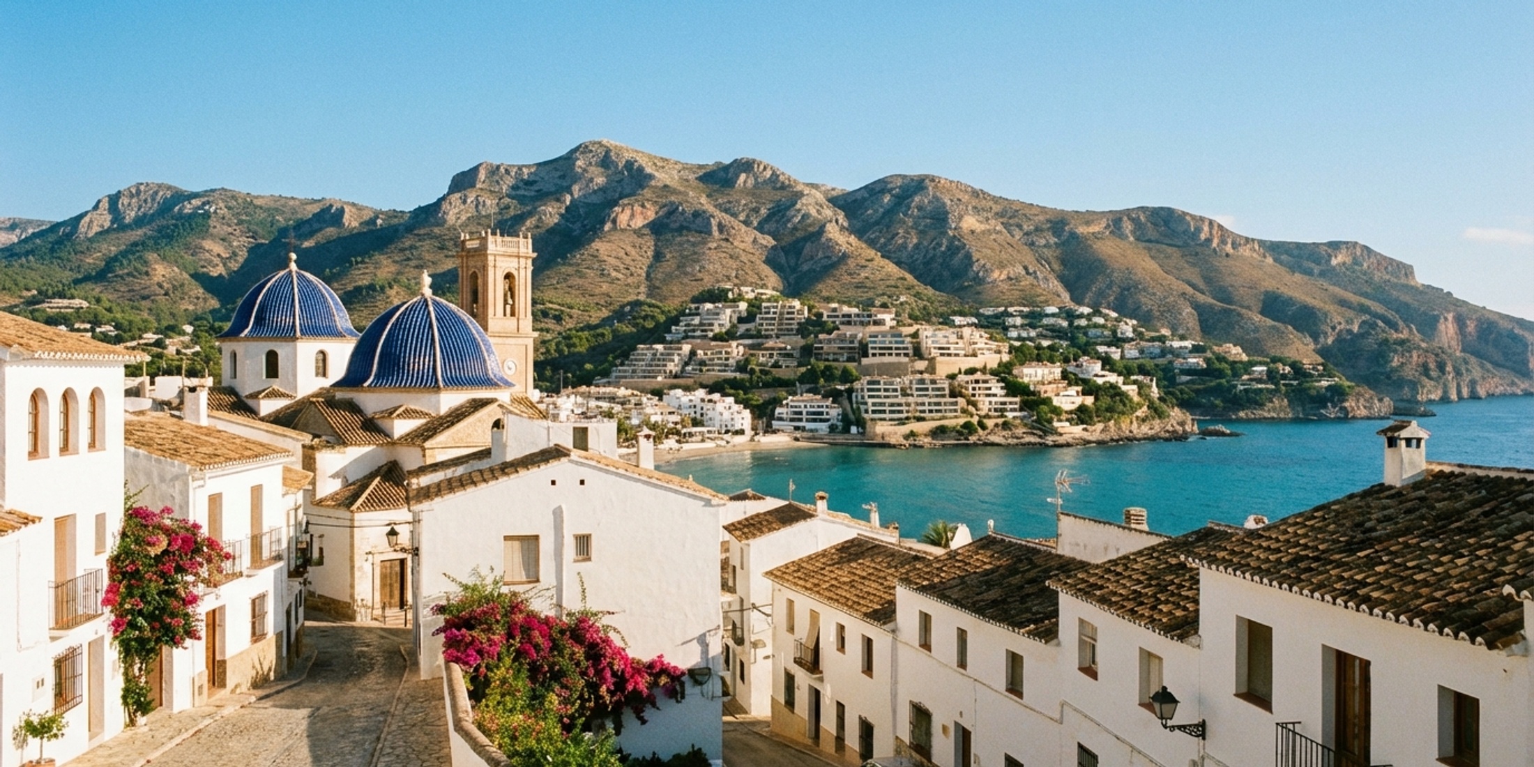 Panoramisch uitzicht dat de blauwe koepels van het oude centrum van Altea vergelijkt met de bergen van Altea Hills