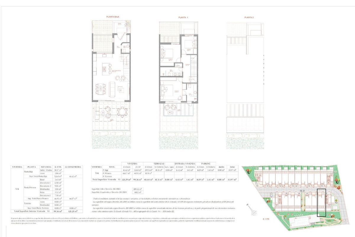Gedetailleerde plattegronden van de townhouse, inclusief indelingen en afmetingen in Manilva.