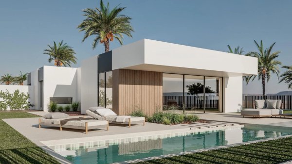 Modern exterior of a 2-bed townhouse in El Campello with pool and palm trees under blue skies.
