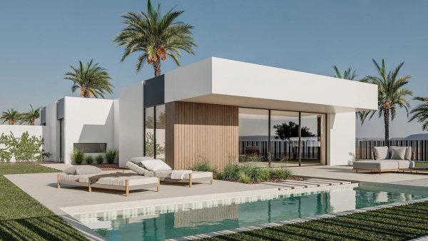 Modern exterior of a 2-bed townhouse in El Campello with pool and palm trees under blue skies.
