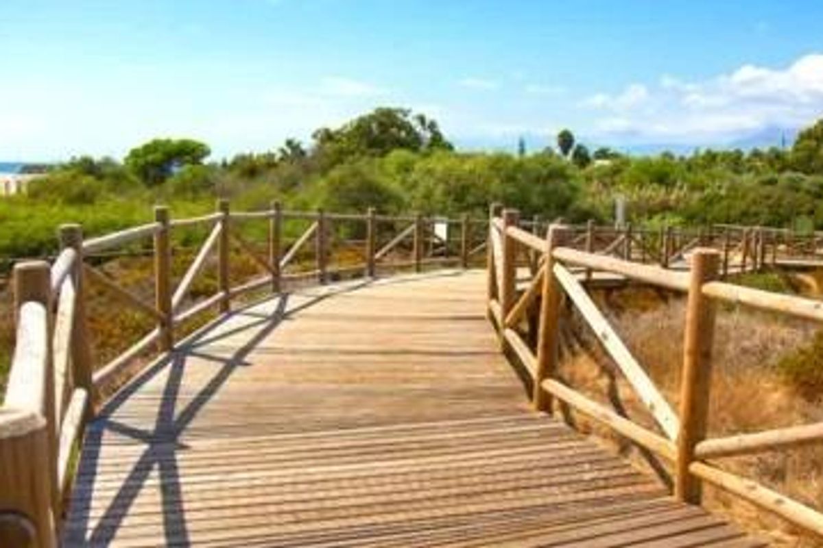 Houten promenade door weelderig groen in Marbella, leidend naar het strand en schilderachtige uitzichten op de oceaan.