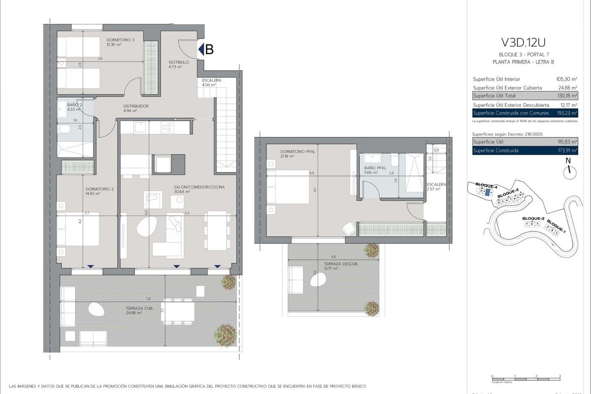Gedetailleerde plattegrond van een 3-slaapkamer penthouse, met ruime kamers en geoptimaliseerde indeling in de Costa del Sol.