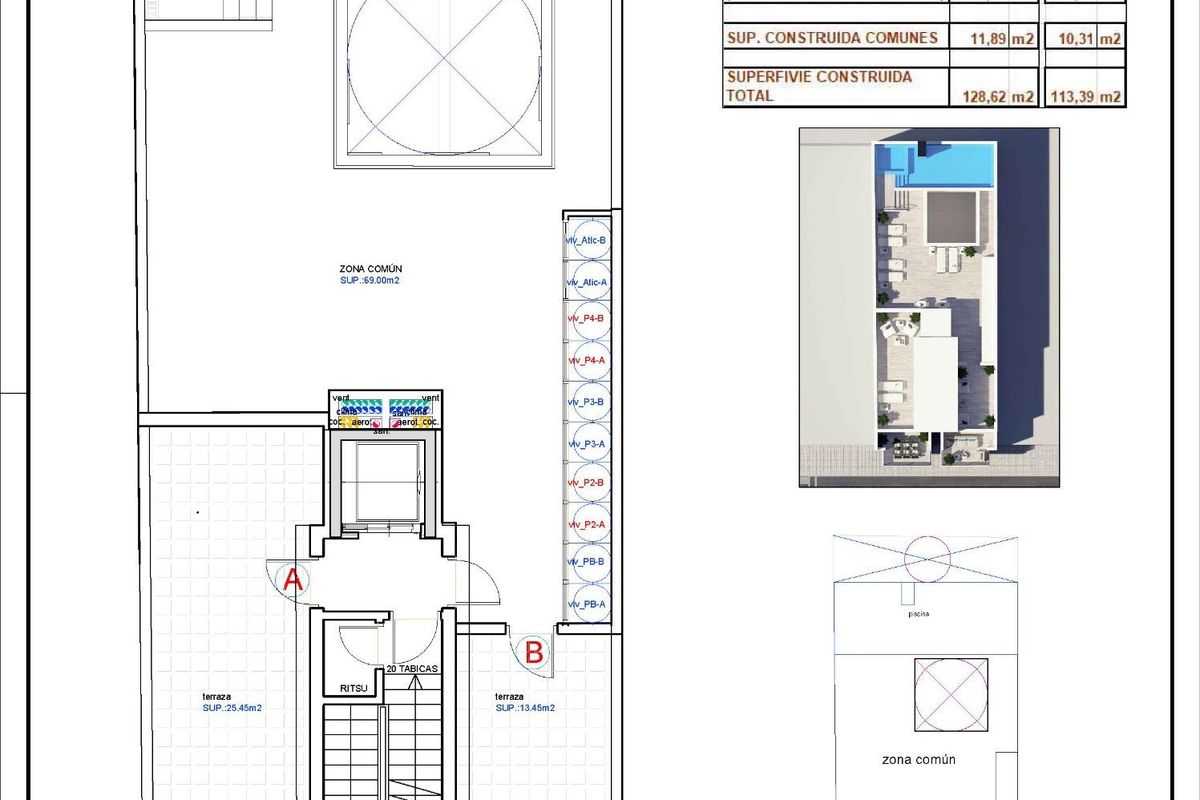 Plattegrond van een modern appartement in Torrevieja, met indeling en zwembad voor een 3-slaapkamer woning.