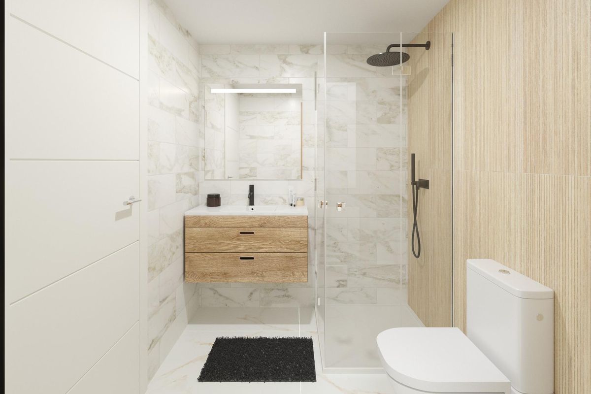 Modern bathroom in a 3-bed townhouse in Dolores, Costa Blanca South. Features a walk-in shower and modern fixtures.