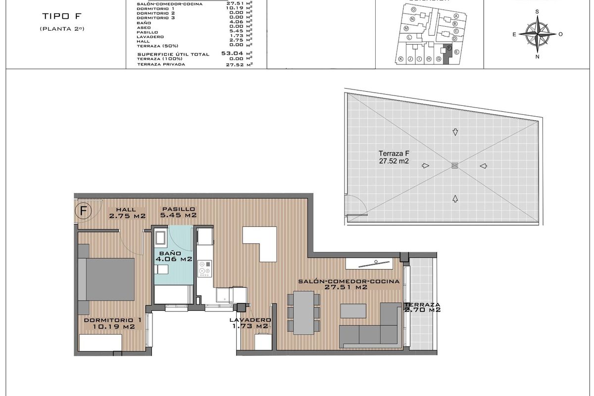 Plattegrond van een 1-slaapkamer penthouse in Algorfa, met indeling van de keuken, woonkamer en badkamer.