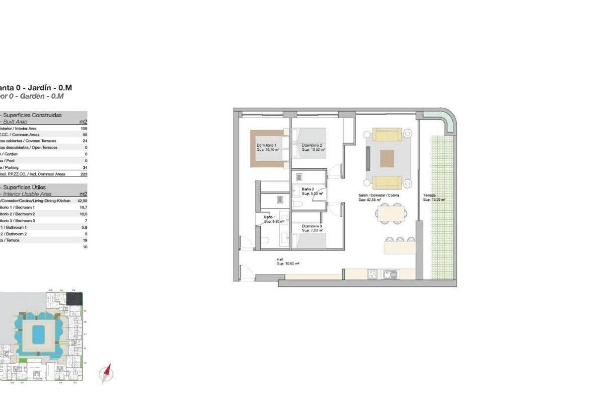 Plattegrond van een appartement op de begane grond met drie slaapkamers in San Pedro De Alcantara, Costa del Sol.
