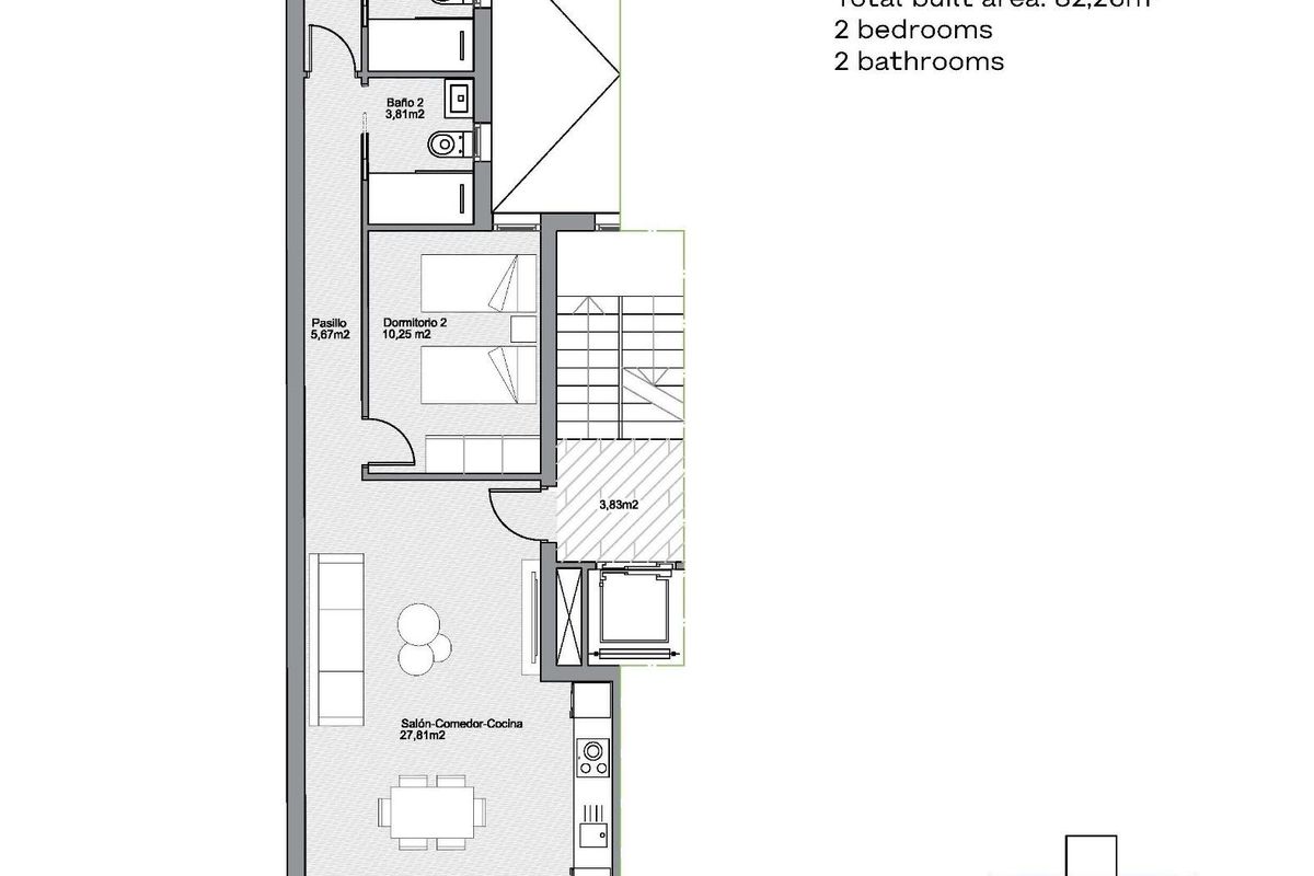Plattegrond van een 2-slaapkamer, 2-badkamer appartement in Torrevieja, met een georganiseerde indeling.