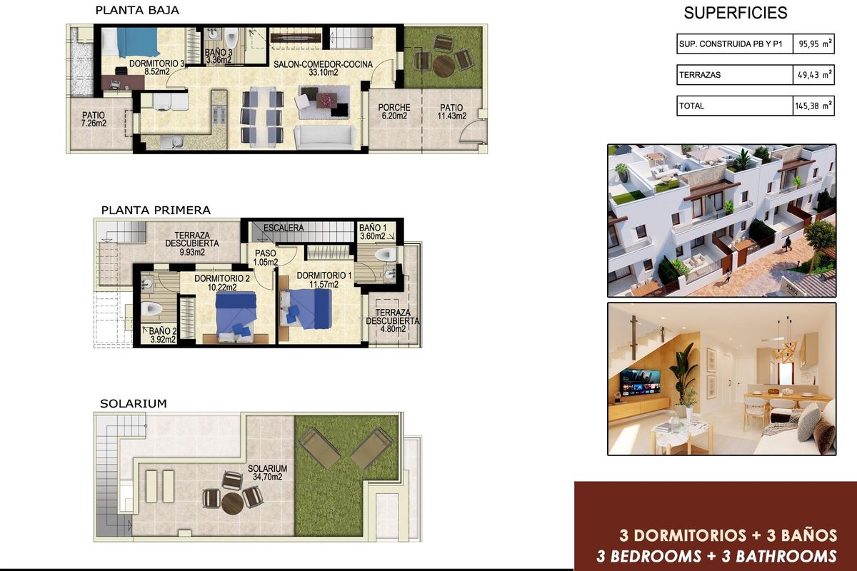 Plattegrond van een townhouse met 3 slaapkamers en 3 badkamers, toont de indeling in Orihuela, Costa Blanca Zuid.