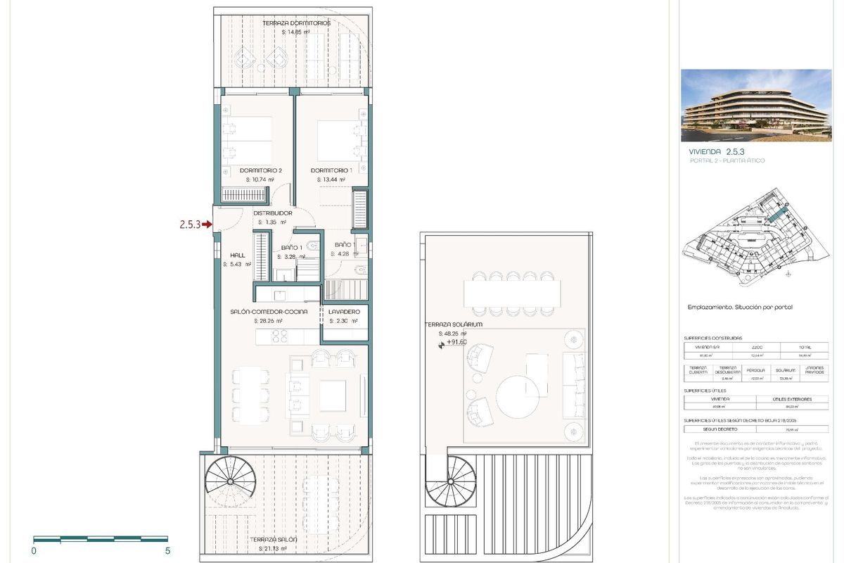 Plattegrond van een 2-slaapkamer penthouse in Estepona, toont de indeling van de kamers en kenmerken.