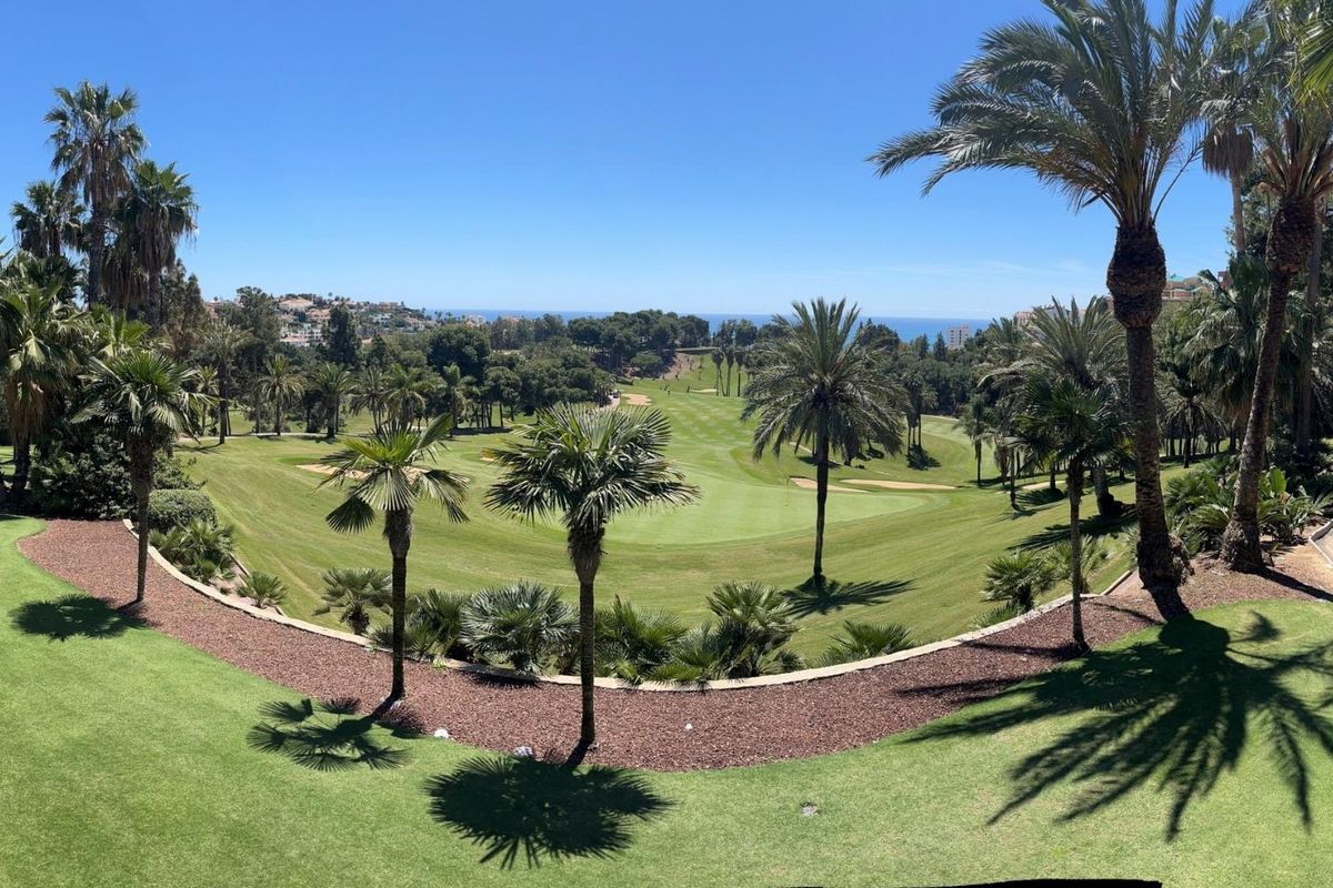 Panoramisch uitzicht op een groene golfbaan omringd door palmbomen, met de kustlijn van Costa del Sol op de achtergrond.