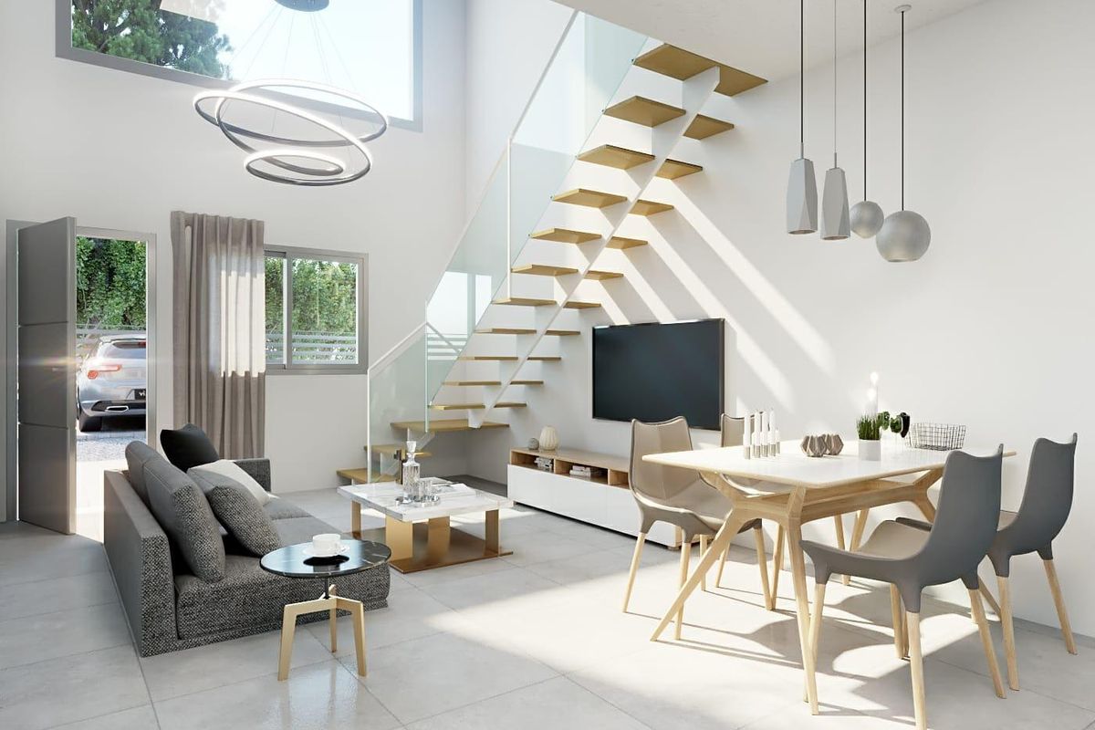 Heldere woonkamer met moderne meubels in een 3-slaapkamer townhouse, Orihuela Costa, Spanje.