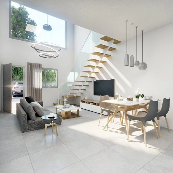 Heldere woonkamer met moderne meubels in een 3-slaapkamer townhouse, Orihuela Costa, Spanje.