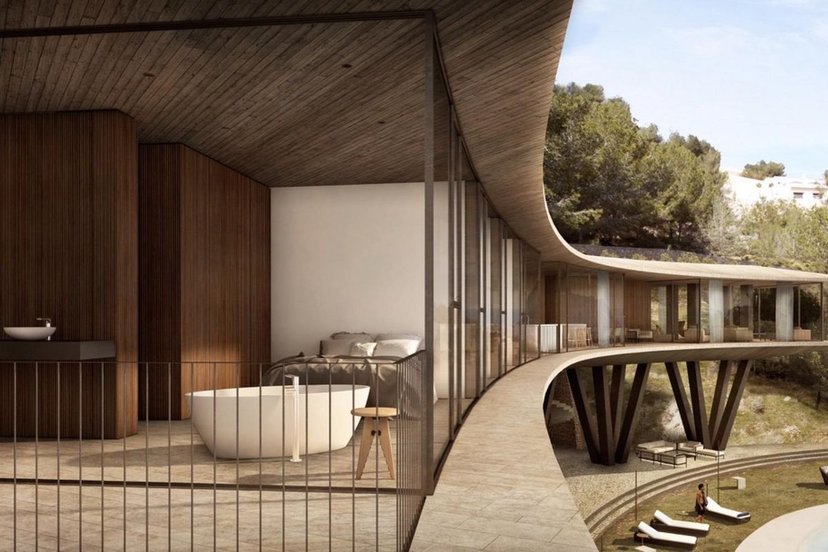 Luxe slaapkamer in een moderne villa in Benissa, met minimalistisch ontwerp en schilderachtig uitzicht.