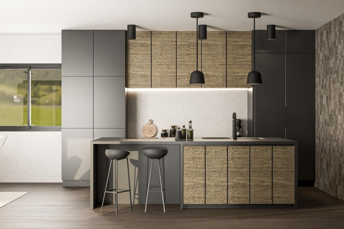 Modern kitchen in a Pinoso villa, featuring sleek cabinetry, an island, and stylish lighting fixtures.