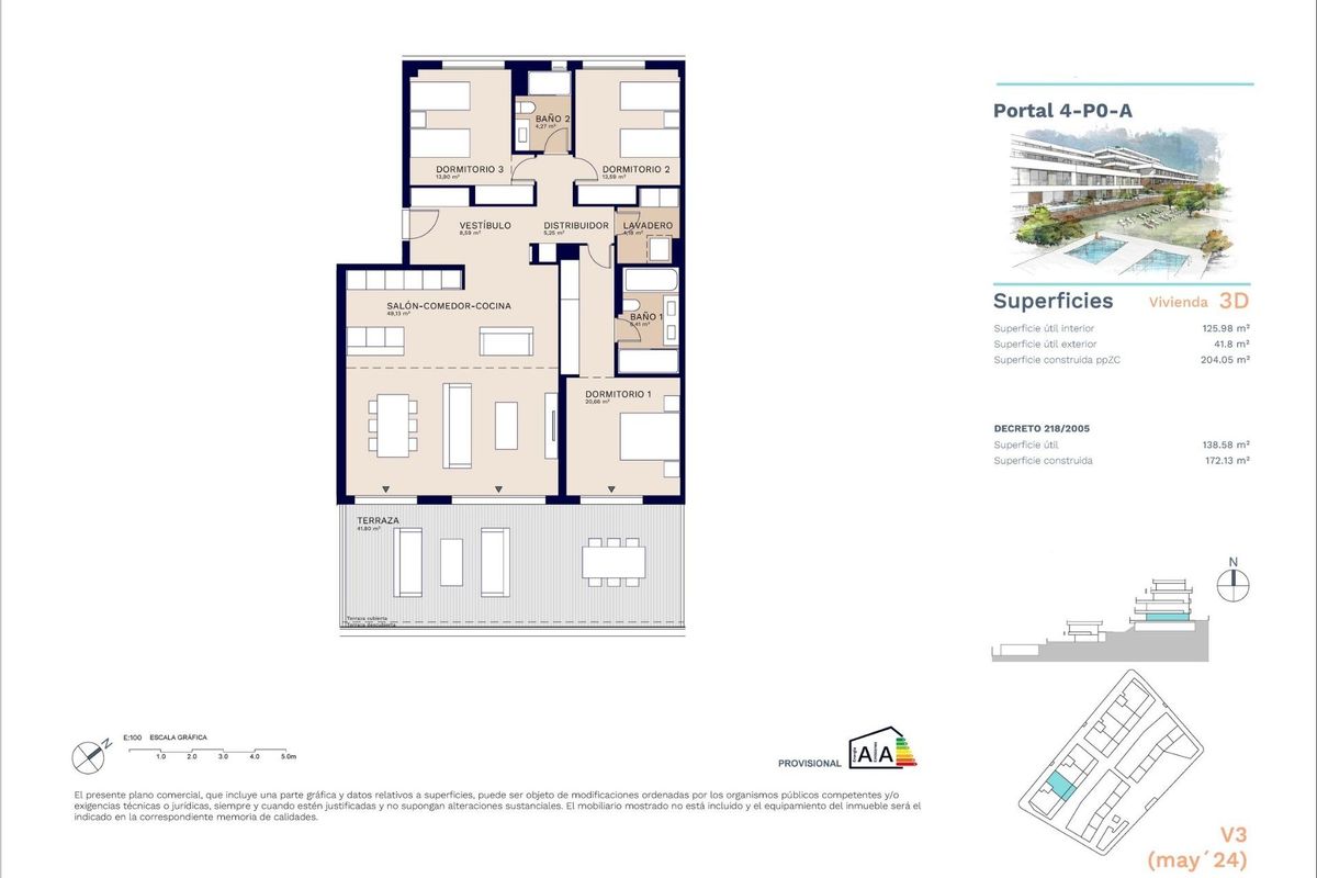 Plattegrond van een 3-slaapkamer appartement in Estepona, Costa del Sol, met modern design en functionaliteit.