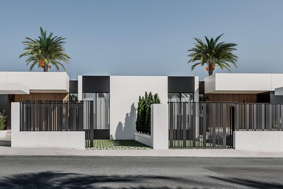 Modern duplex layout of two 2-bed townhouses in El Campello showcasing clean lines and palm trees.