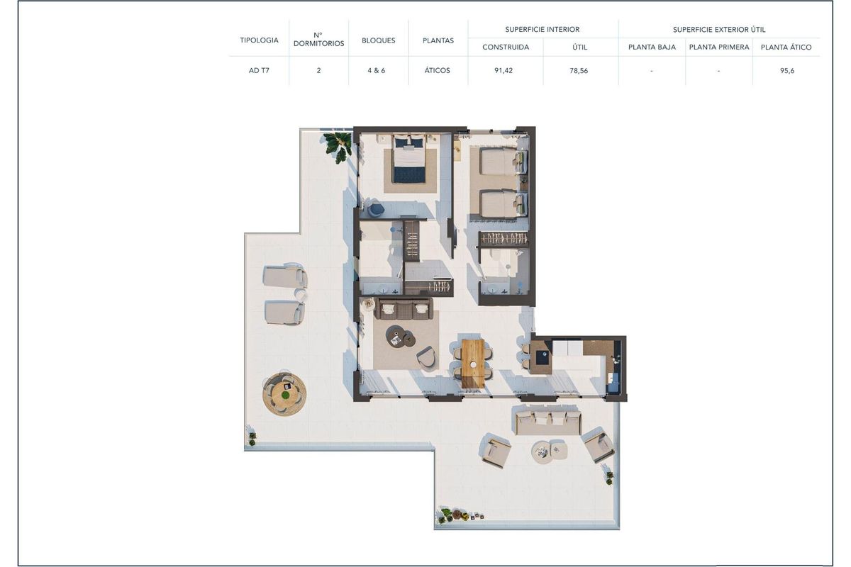 Plattegrond van een 2-slaapkamer penthouse met kamers en indelingen in Casares, Costa del Sol.