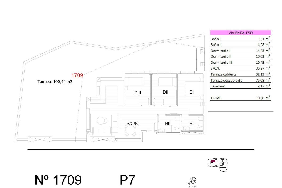 Plattegrond van een 3-slaapkamer penthouse in San Miguel de Salinas, met de indeling en terrasruimte.