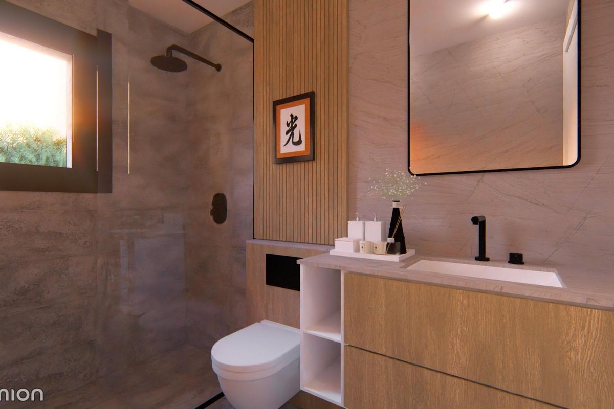 Elegante badkamer met moderne elementen in het townhouse van San Javier, ontworpen voor comfort en stijl.