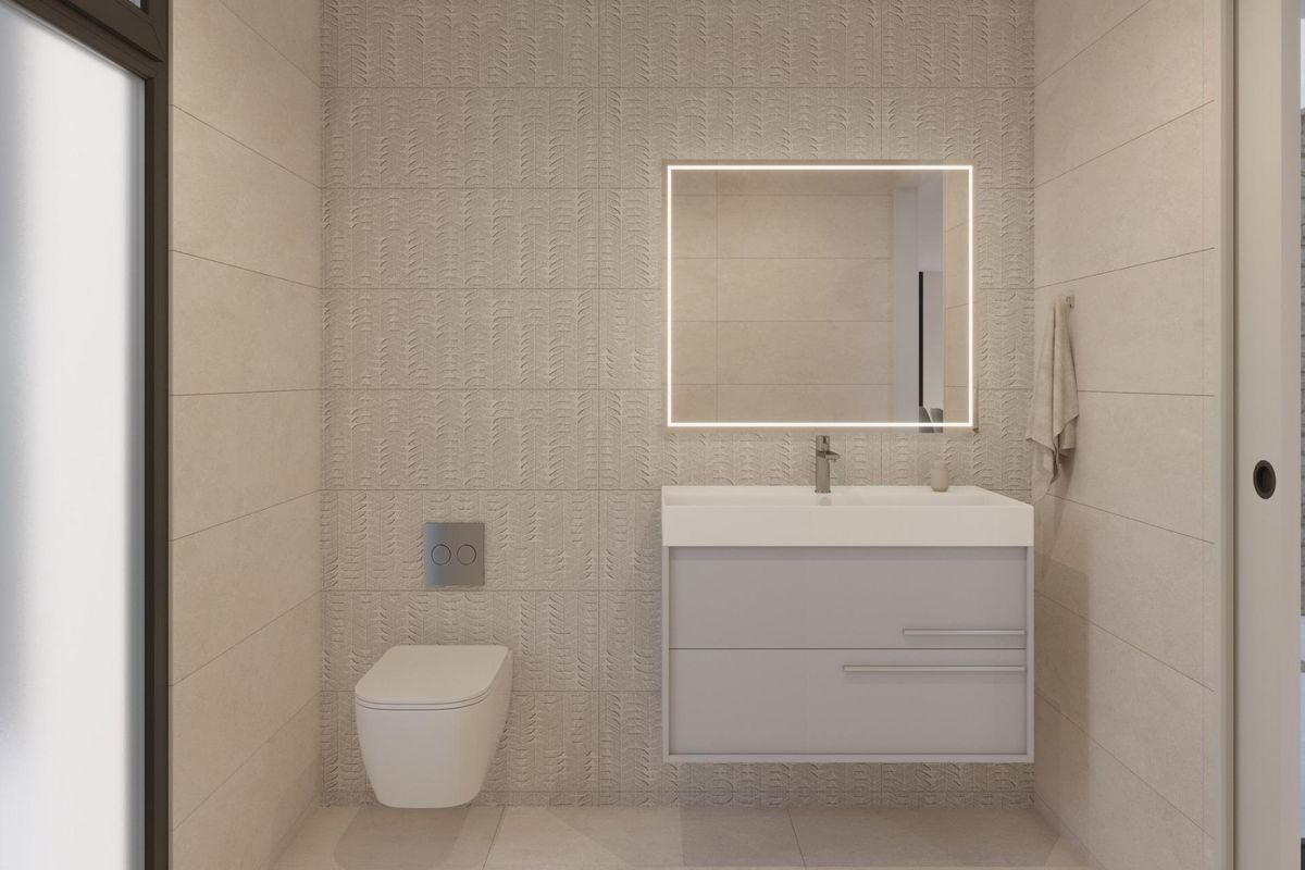 Moderne badkamer met een strak ontwerp, met een wandtoilet en stijlvolle wastafel in Fuente Álamo, Spanje.