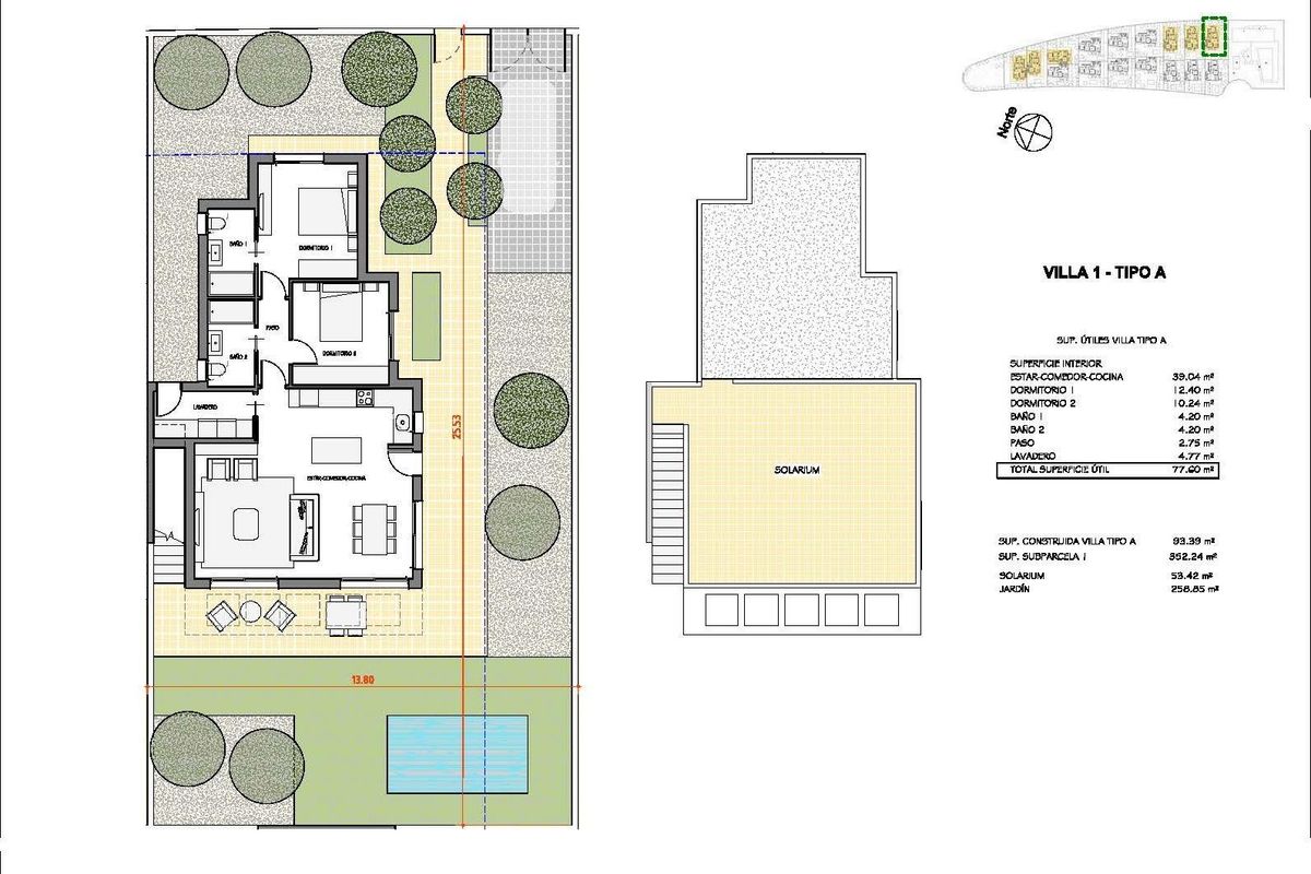 Plattegrond van een 2-slaapkamer villa in Fuente Álamo, met een ruime indeling en tuin.