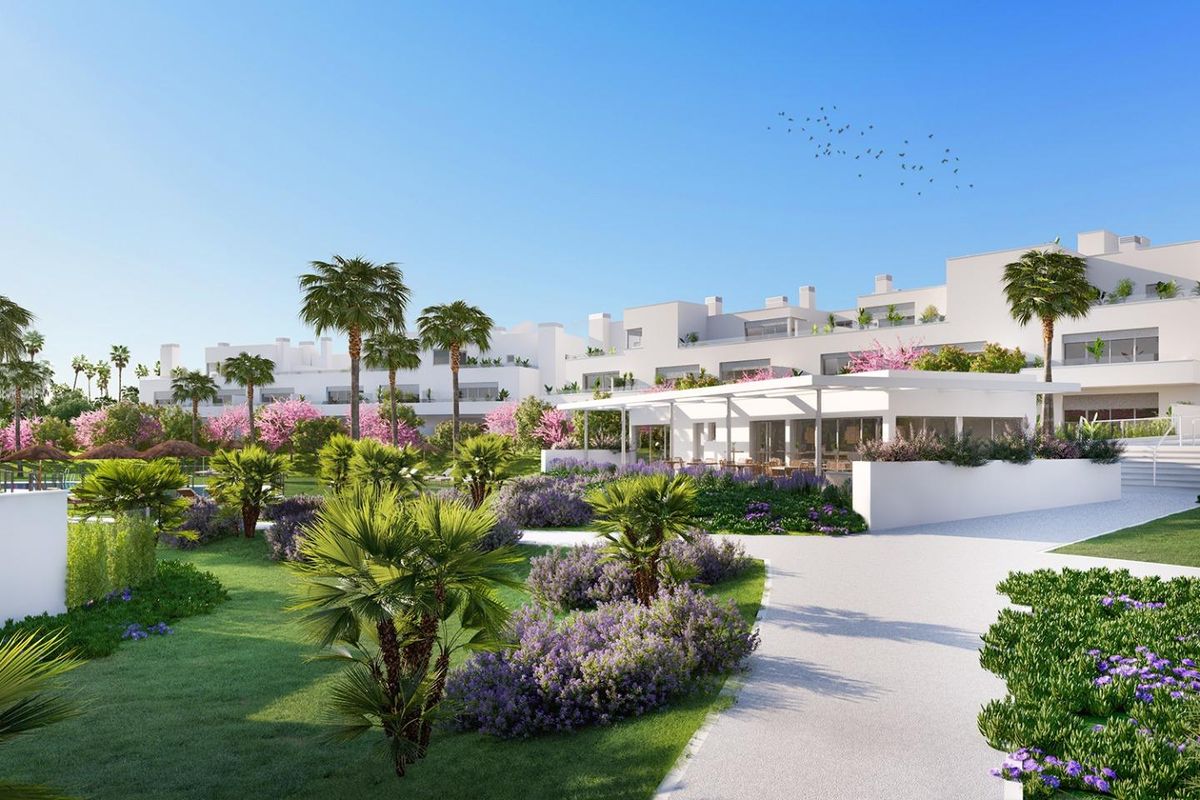 Prachtig aangelegde tuinen rondom moderne appartementen in Estepona, Costa del Sol.