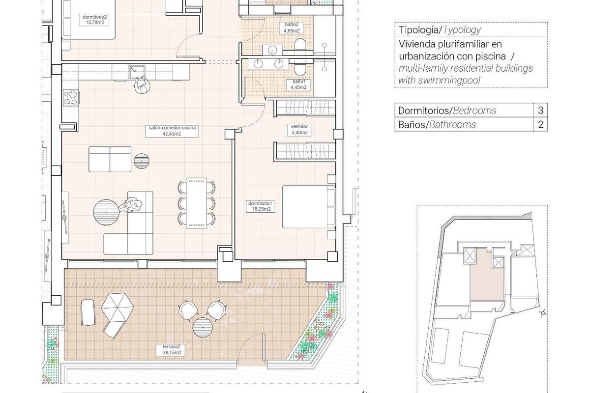 Plattegrond voor een appartement met 3 slaapkamers op de begane grond in Hondón de las Nieves, met gedetailleerde indeling.