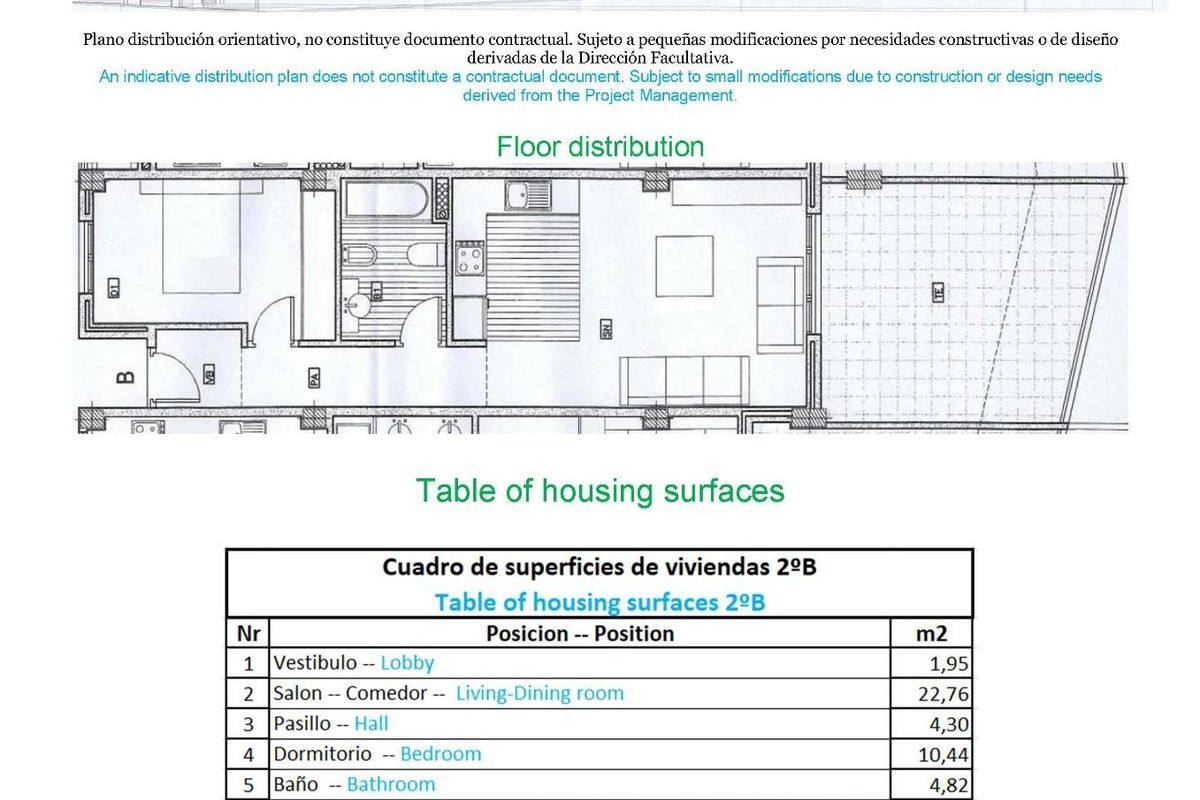 Floorplan of a 1-bed apartment in Costa Blanca North, detailing the layout, room sizes and total usable area of the property.