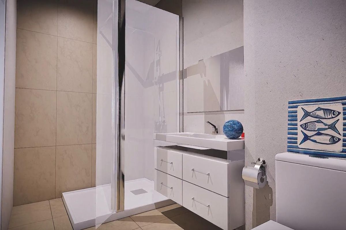 Modern badkamer met douche en stijlvolle wastafel in een 2-slaapkamer appartement in Cartagena.