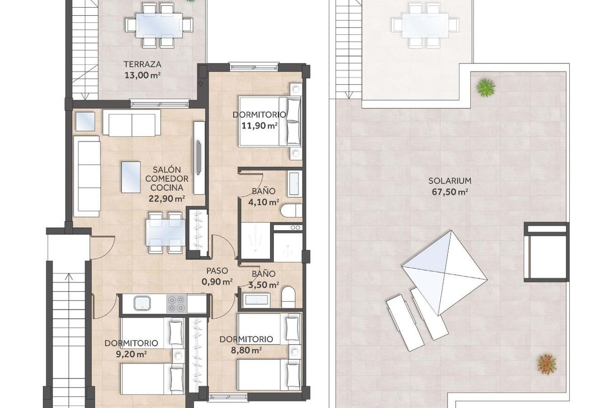 Gedetailleerde plattegrond van de bungalow, met 3 slaapkamers en terrasruimte in San Miguel de Salinas.