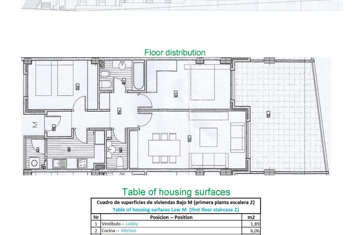 Floor plan and facade of the 2-bed apartment in Relleu, Costa Blanca North, showing layout and room dimensions.