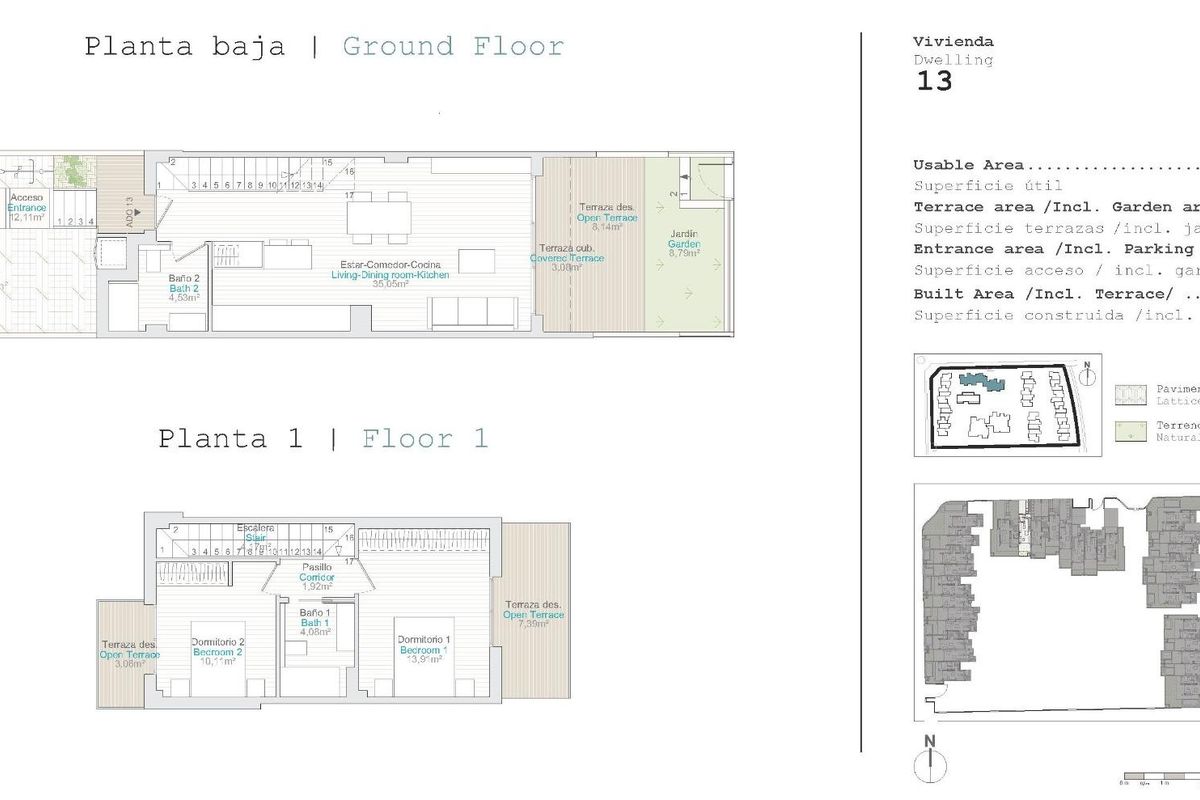 Plattegrond van de indeling van een townhouse met twee slaapkamers in El Verger, Costa Blanca Noord, Spanje.