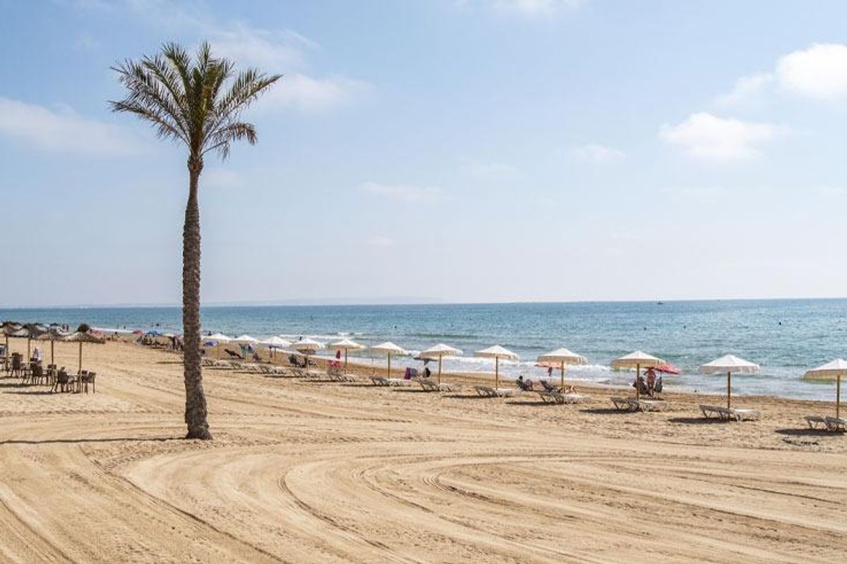 Prachtig strandbeeld in Guardamar del Segura, met zonnebedden en parasols.