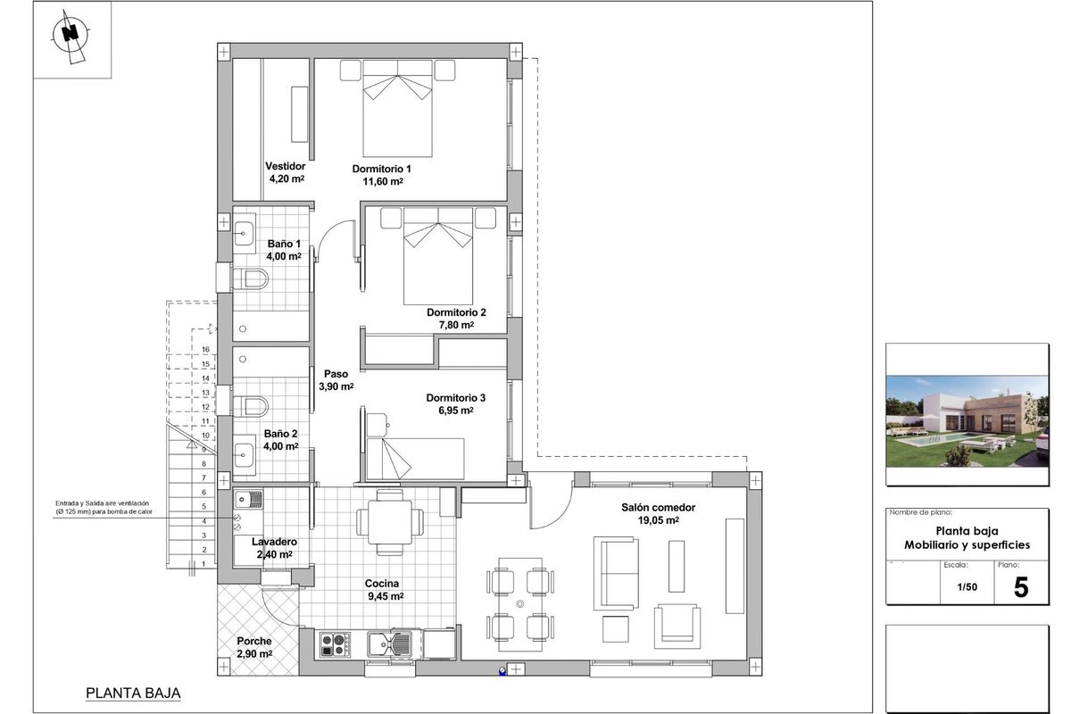 Floorplan of a 3-bed villa in Mazarron, Spain. Layout includes bedrooms, bathrooms, kitchen, living area and pool.