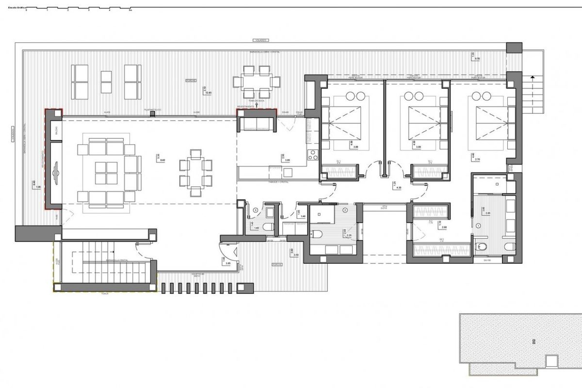Plattegrond van een 3-slaapkamer villa in Benitachell, met details van de kamerindeling en woonruimtes.
