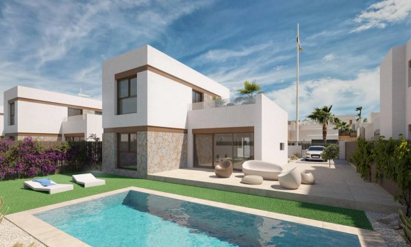 Moderne 3-slaapkamer villa met zwembad in Algorfa, Costa Blanca Zuid, met een stijlvolle buitenkant en tuin.