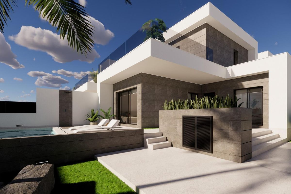 Tuin- en terraszicht van het moderne ontwerp van een townhouse in Dolores, Costa Blanca Zuid.