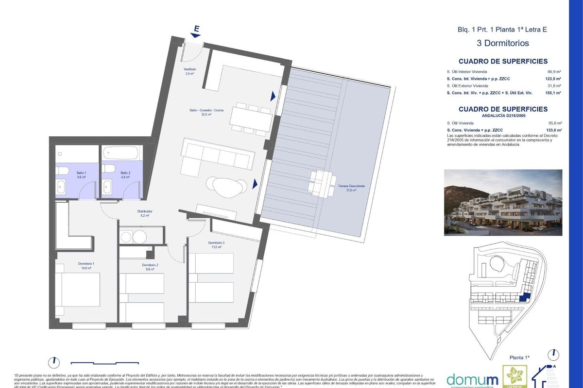 Plattegrond van een 3-slaapkamer appartement in Pulpi, Costa de Almeria, met ruime woonruimtes.