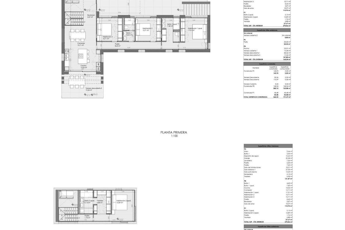 Plattegrond van een 4-slaapkamer villa met de afmetingen van kamers en voorzieningen, gelegen in Jávea, Costa Blanca Noord.