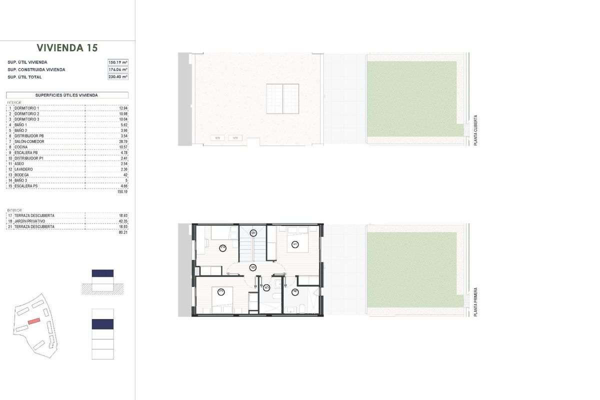 Plattegrond van de townhouse indeling, met drie slaapkamers en buitenruimte in Finestrat.