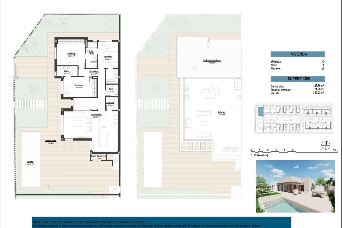 Plattegrond van een ruime 3-slaapkamer villa in Los Alcazares, Costa Calida, met indeling en afmetingen van elke kamer.