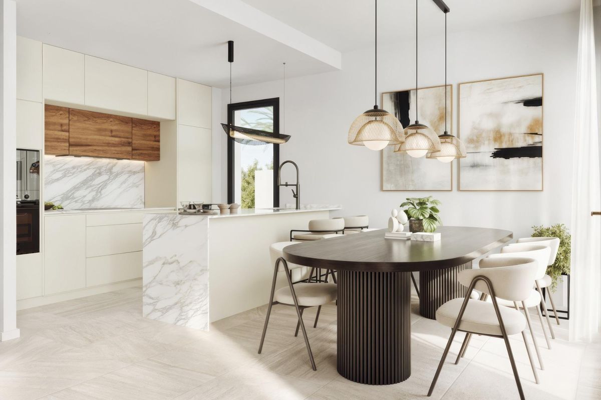 Contemporary keuken en eetruimte met stijlvolle meubels in Torre Pacheco, Costa Calida, Spanje.