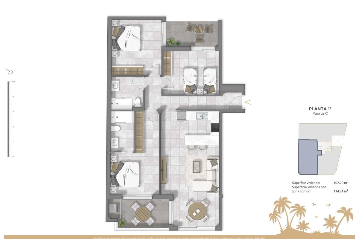 Plattegrond van een 3-slaapkamer appartement in Guardamar del Segura, met kamerindeling en lay-out.