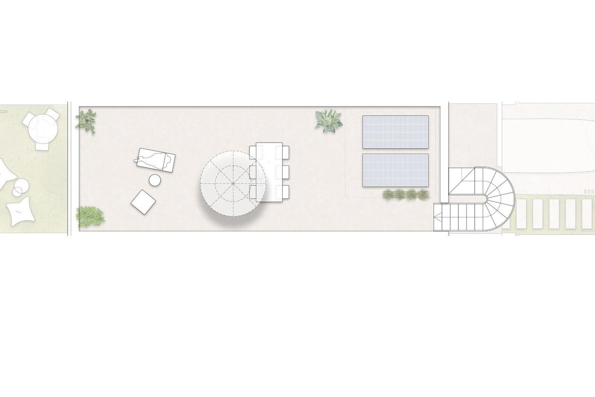 Bovenaanzicht van een privéterras en tuin in een townhouse in Pilar de La Horadada.