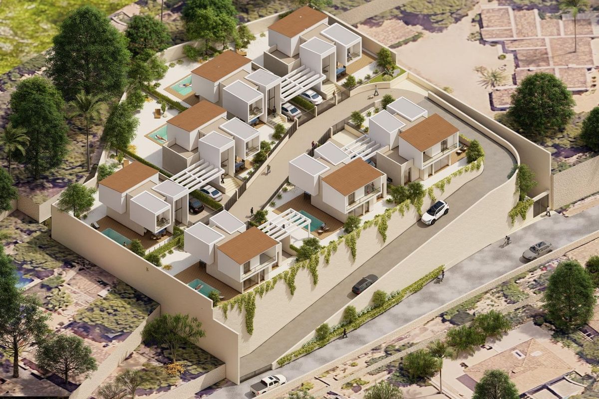 Luchtfoto van moderne villa's met zwembaden in La Nucia, Costa Blanca Noord, die de indeling toont.